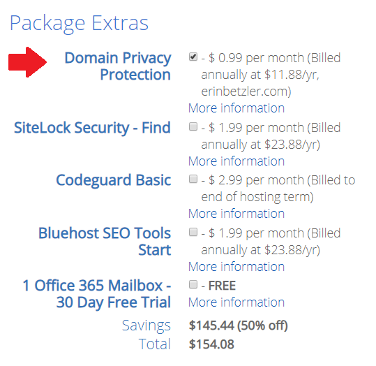 bluehost package add ons